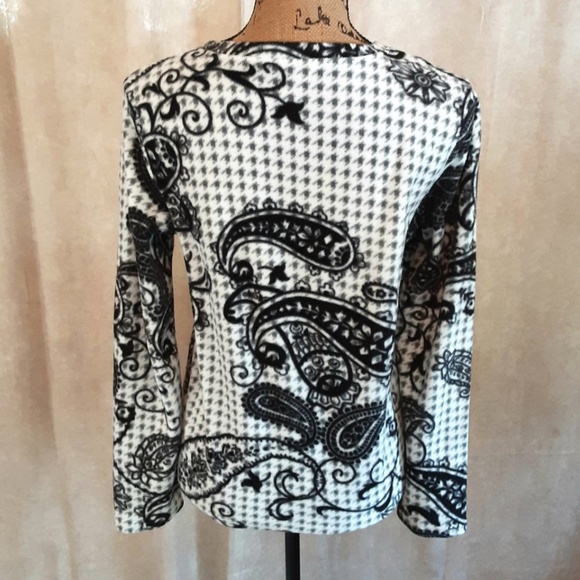 Black & White Paisley Fleece Pullover V-neck Long Sleeve Lightweight Size S - Picture 5 of 10